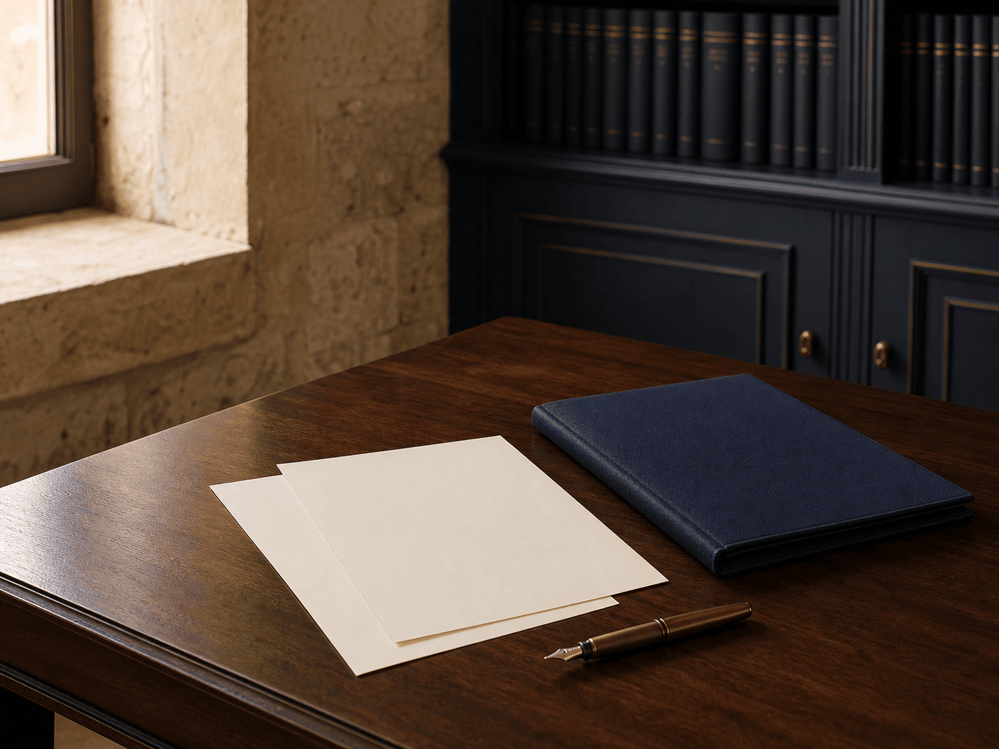 Blank enquiry papers and a navy folio on an unoccupied Malta legal-office desk