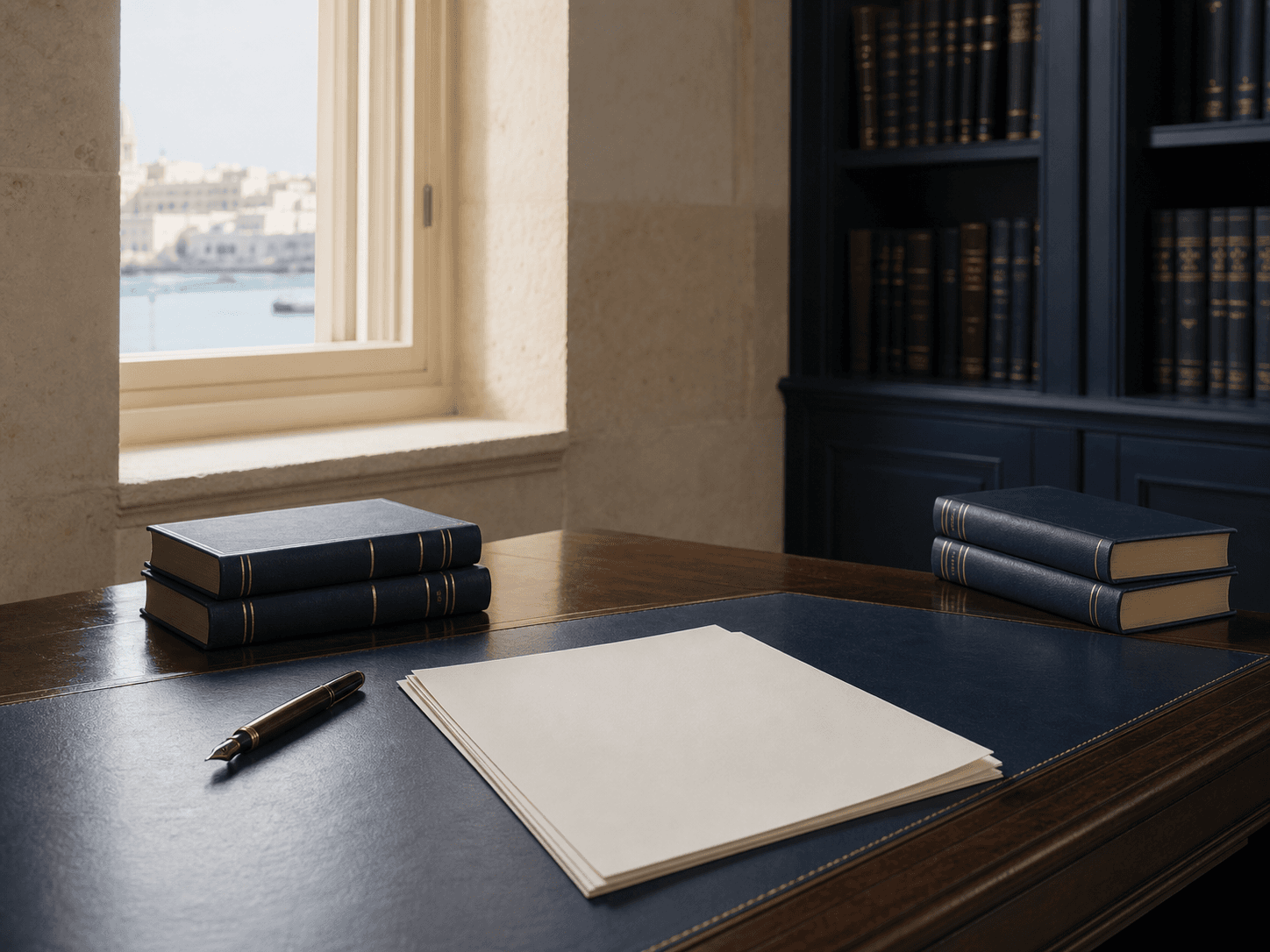 Unoccupied legal office desk with blank papers, navy books and a Malta harbour view