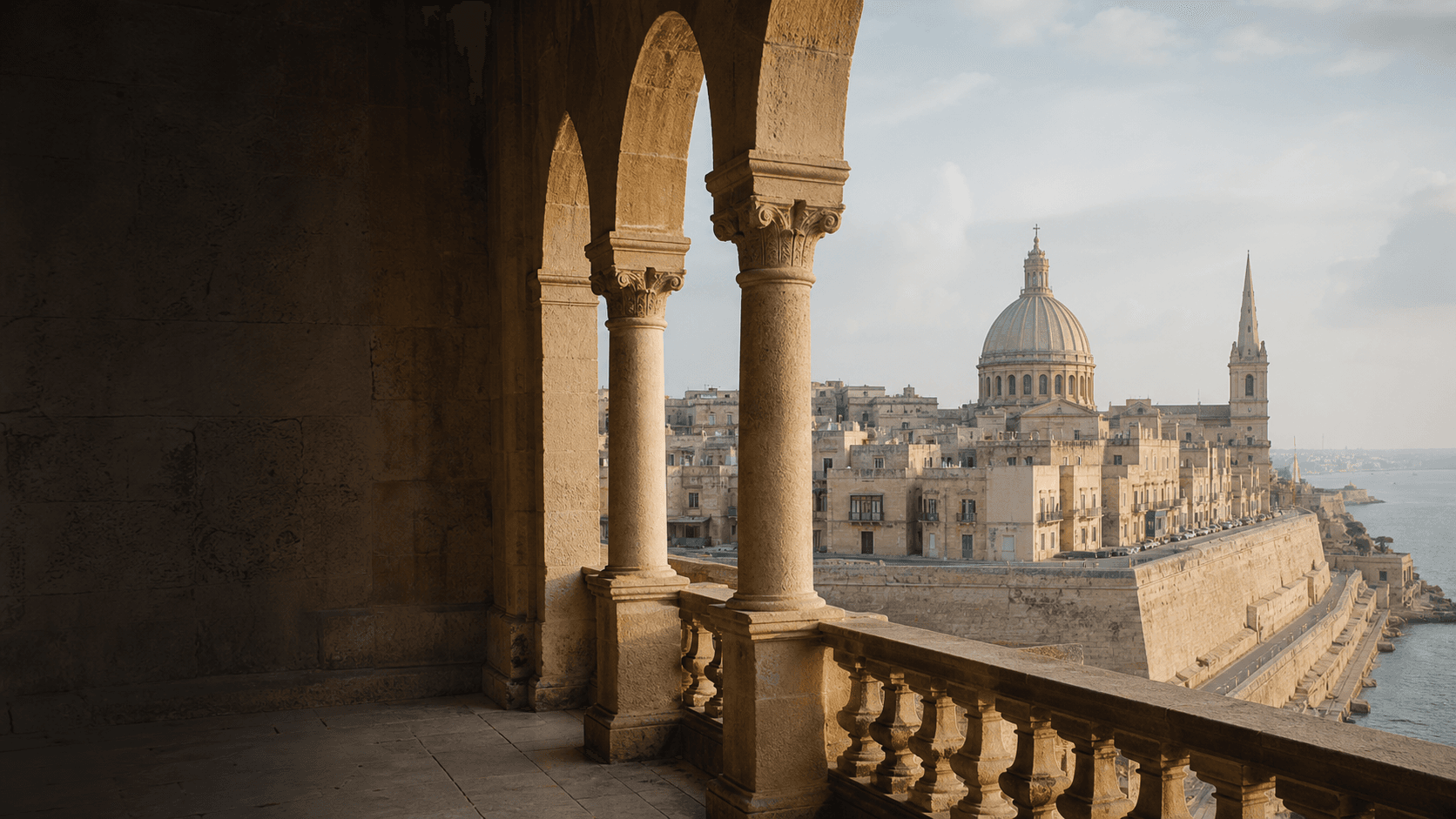 Maltese limestone arcade overlooking historic harbour architecture