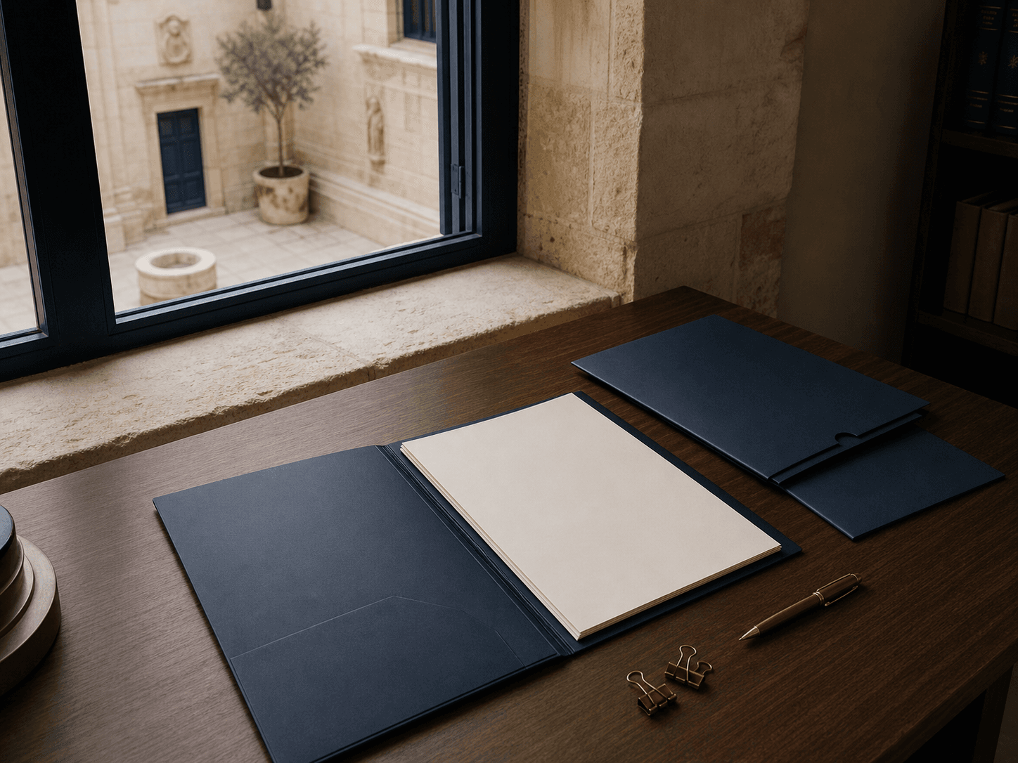 Blank application papers and navy document folios beside a Maltese limestone window