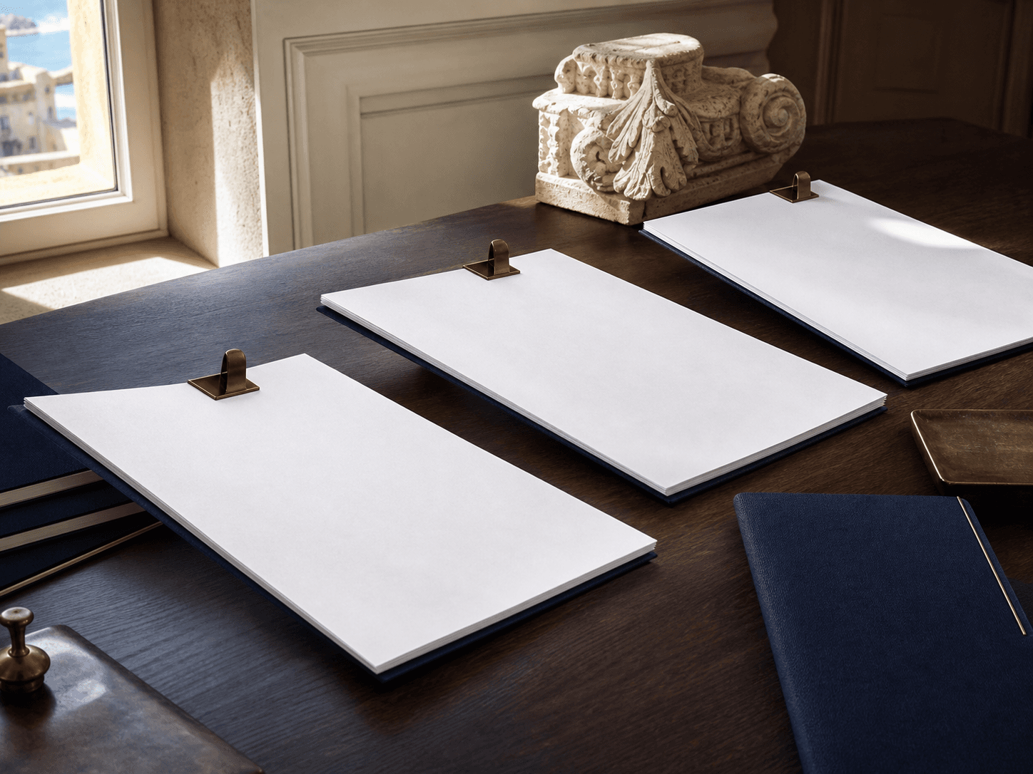 Blank commercial agreement documents arranged for review on a dark timber desk with limestone detail