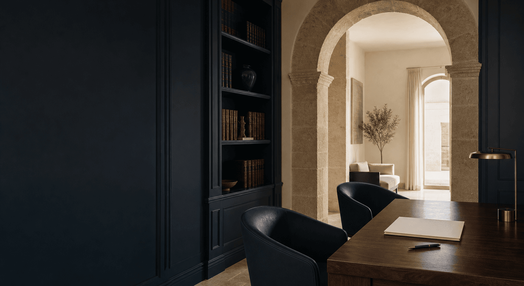 Unoccupied Malta legal office with a limestone arch and private consultation desk