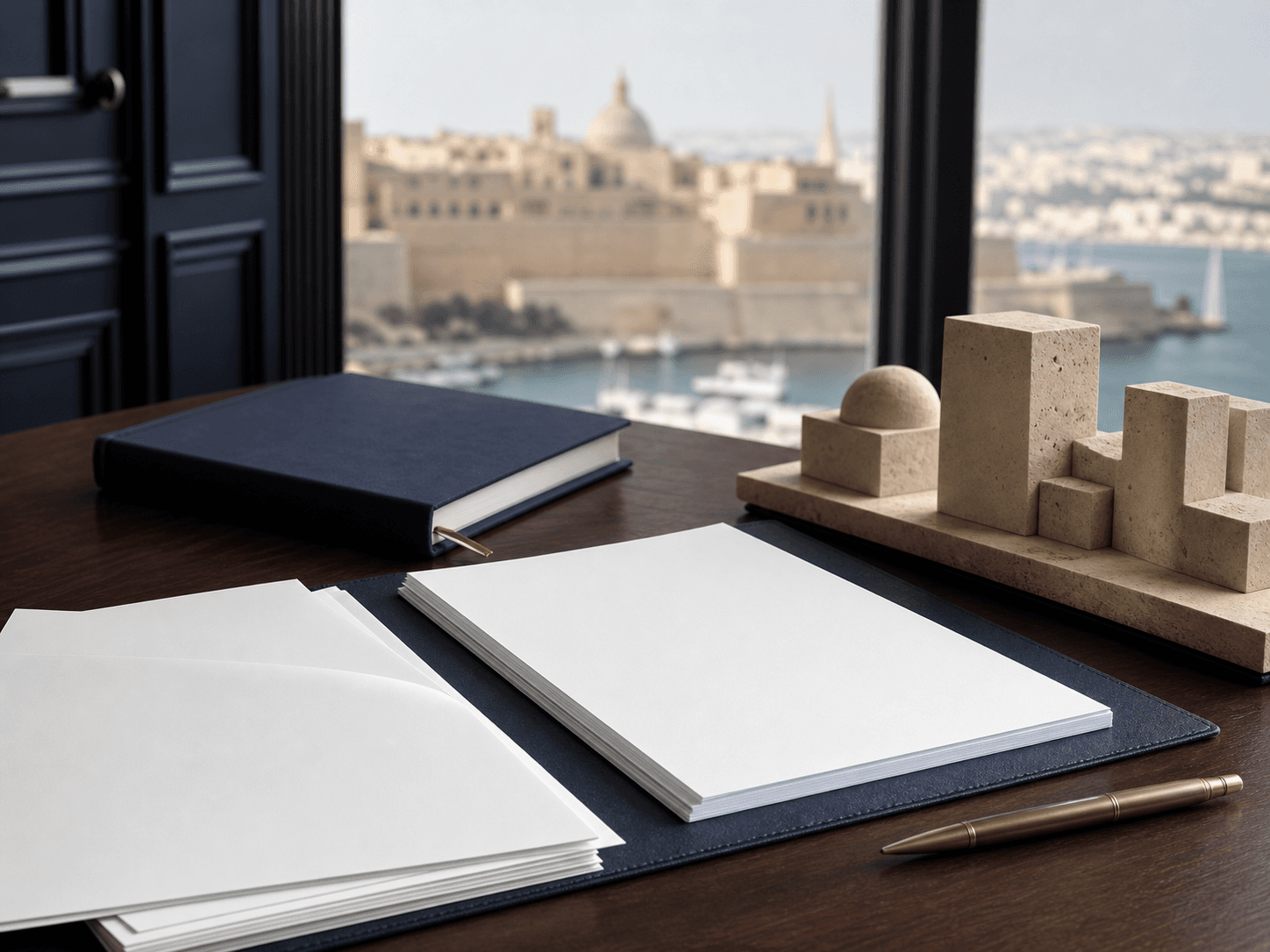 Blank governance papers, a navy ledger and limestone forms on a corporate office desk