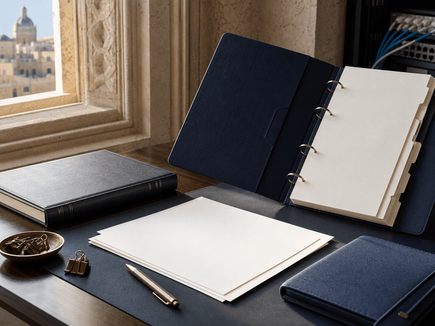 Blank operational policy binder and compliance papers on a Malta office desk