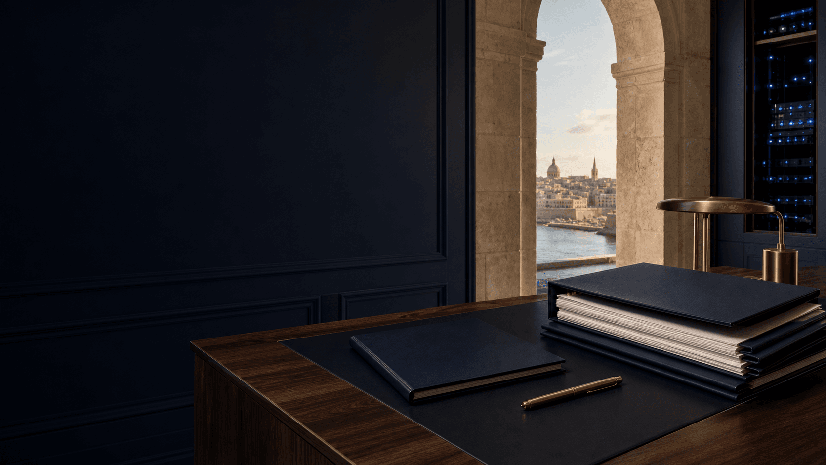 Blank gaming-operator licensing dossiers in an unoccupied Malta office with subtle technical infrastructure