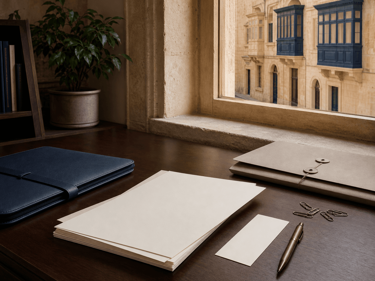 Blank application papers and document folios beside a Maltese limestone window