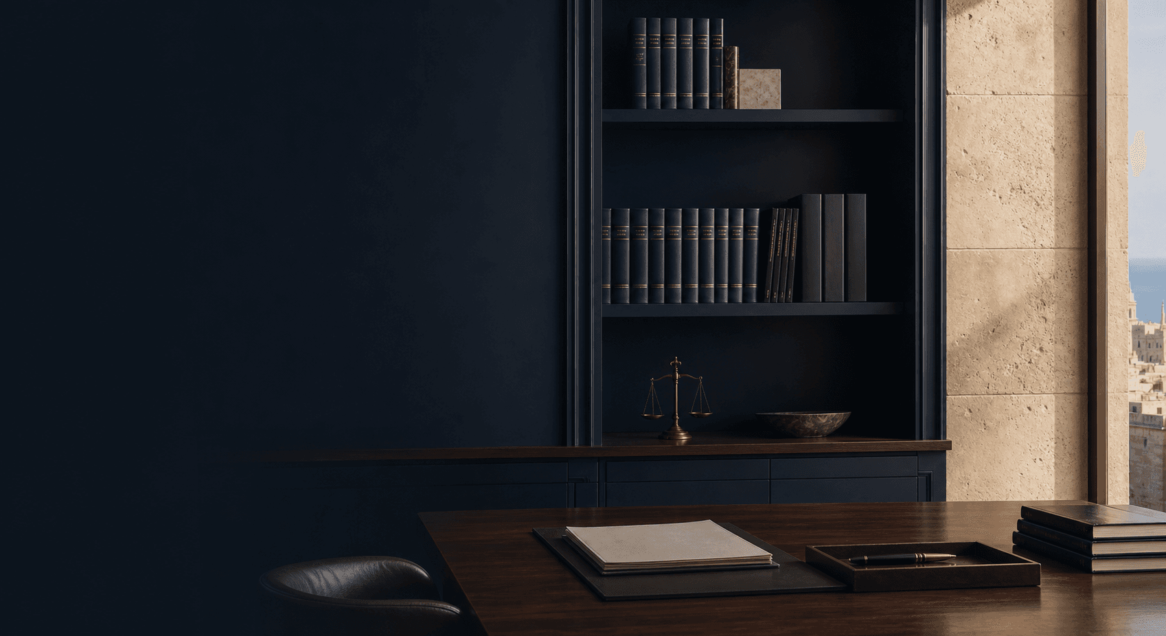 Unoccupied navy legal office with Maltese limestone, legal books and a harbour view