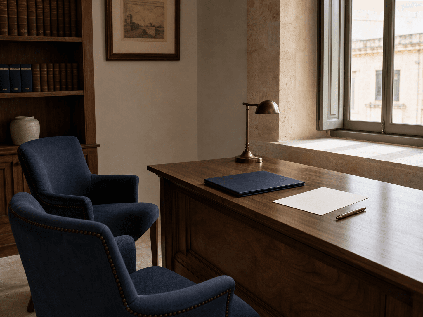 Two chairs prepared for a private meeting in an unoccupied Malta legal office